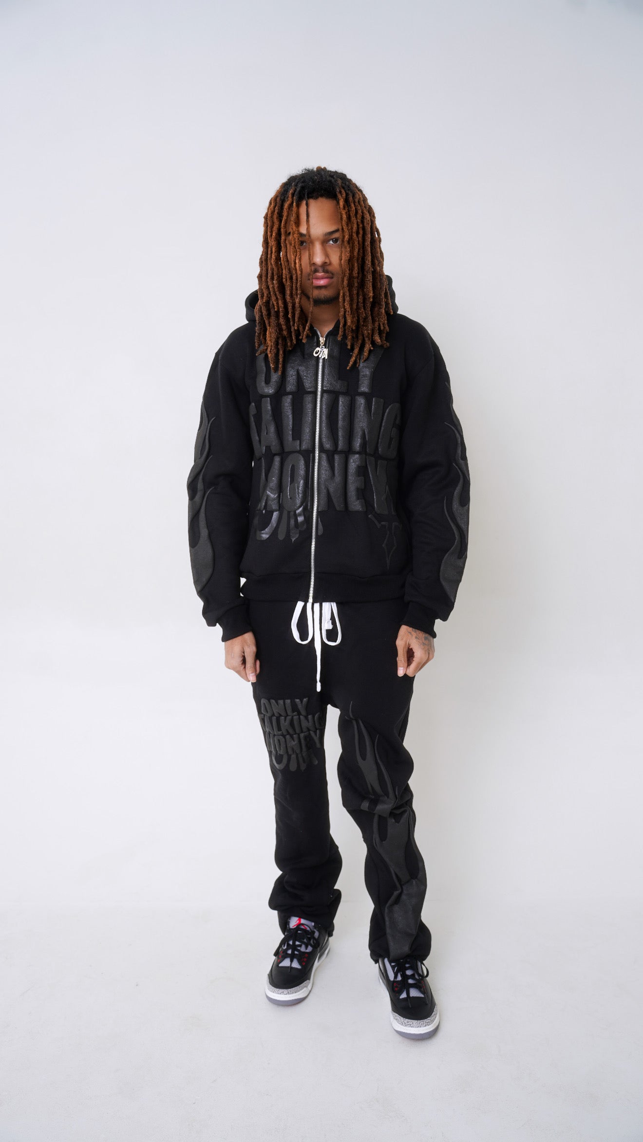 OnlyTalkingMoney V3 (Black) Flame Stacked Sweats