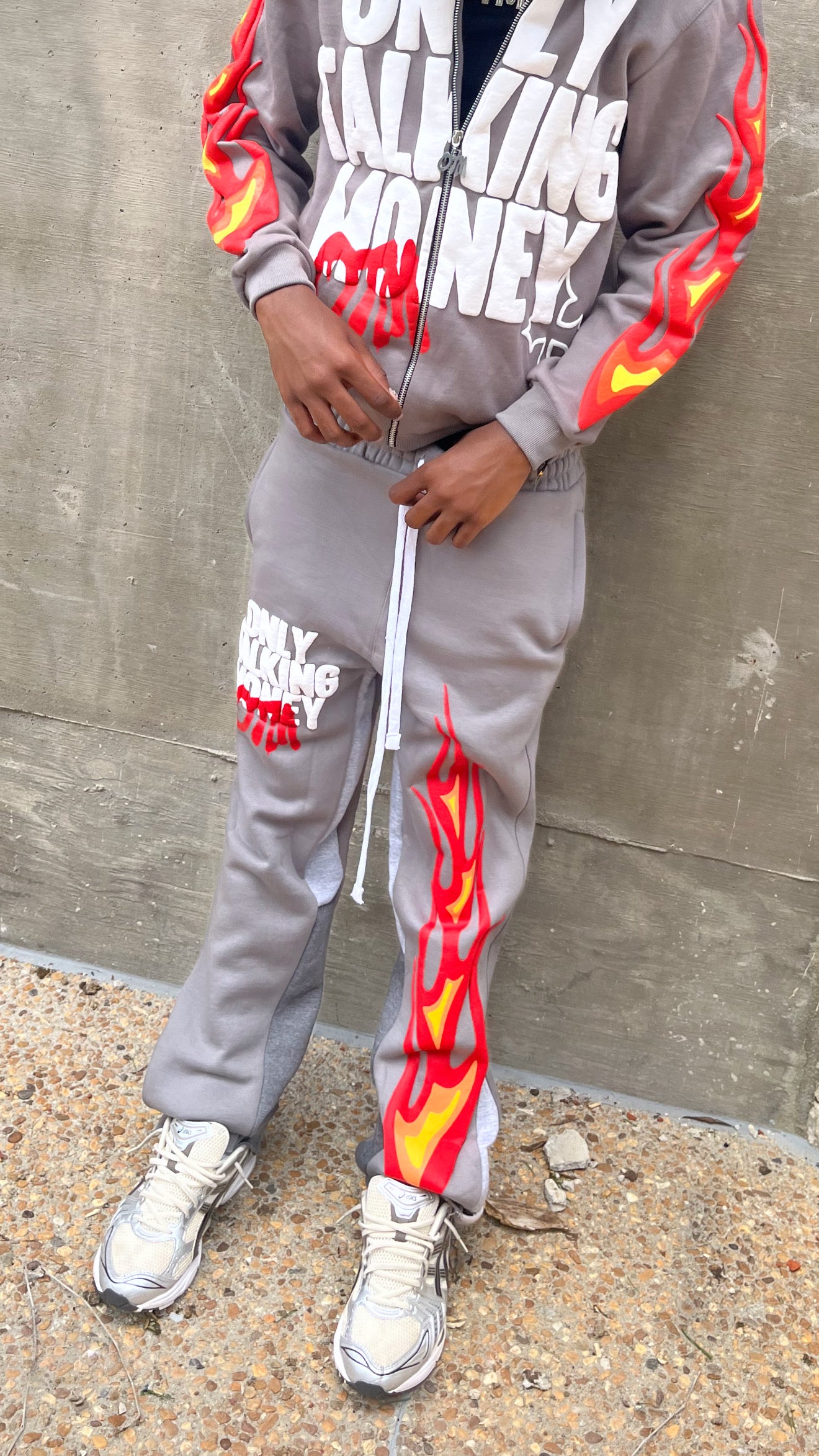 OnlyTalkingMoney V3 (Grey) Flame Stacked Sweats