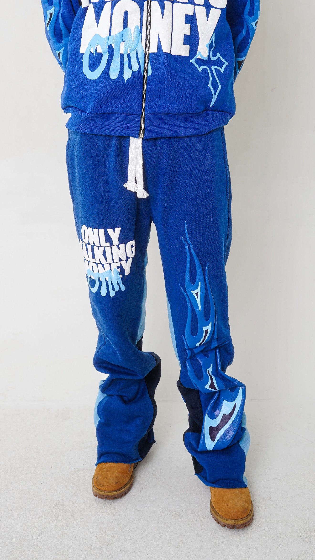 OnlyTalkingMoney V3 (Blue & white ) Flame Stacked Sweats