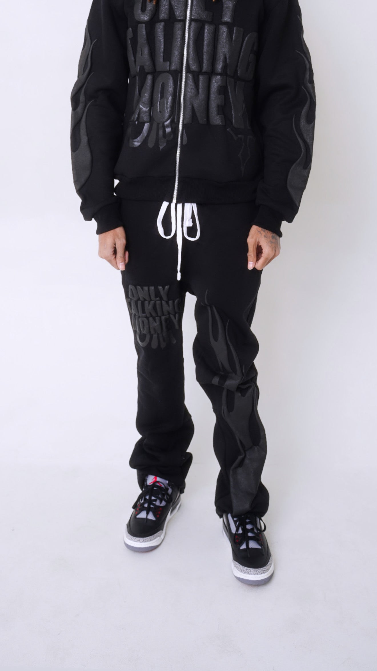 OnlyTalkingMoney V3 (Black) Flame Stacked Sweats