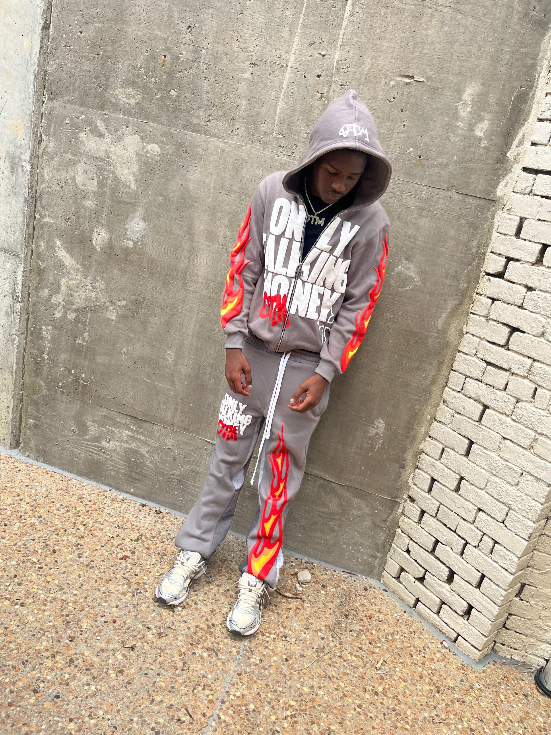 OnlyTalkingMoney V3 (Grey) Flame Stacked Sweats